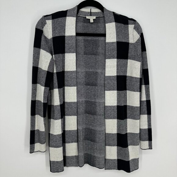 3/$25 Talbots Buffalo Plaid Open Front Long Cardigan Sweater XSP Cotton  Black - Picture 1 of 7
